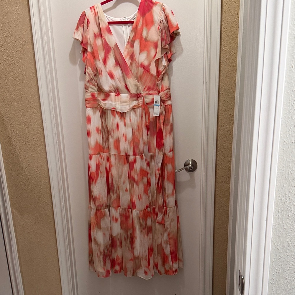 Women's Coral Brushstroke Maxi Dress with Belt
